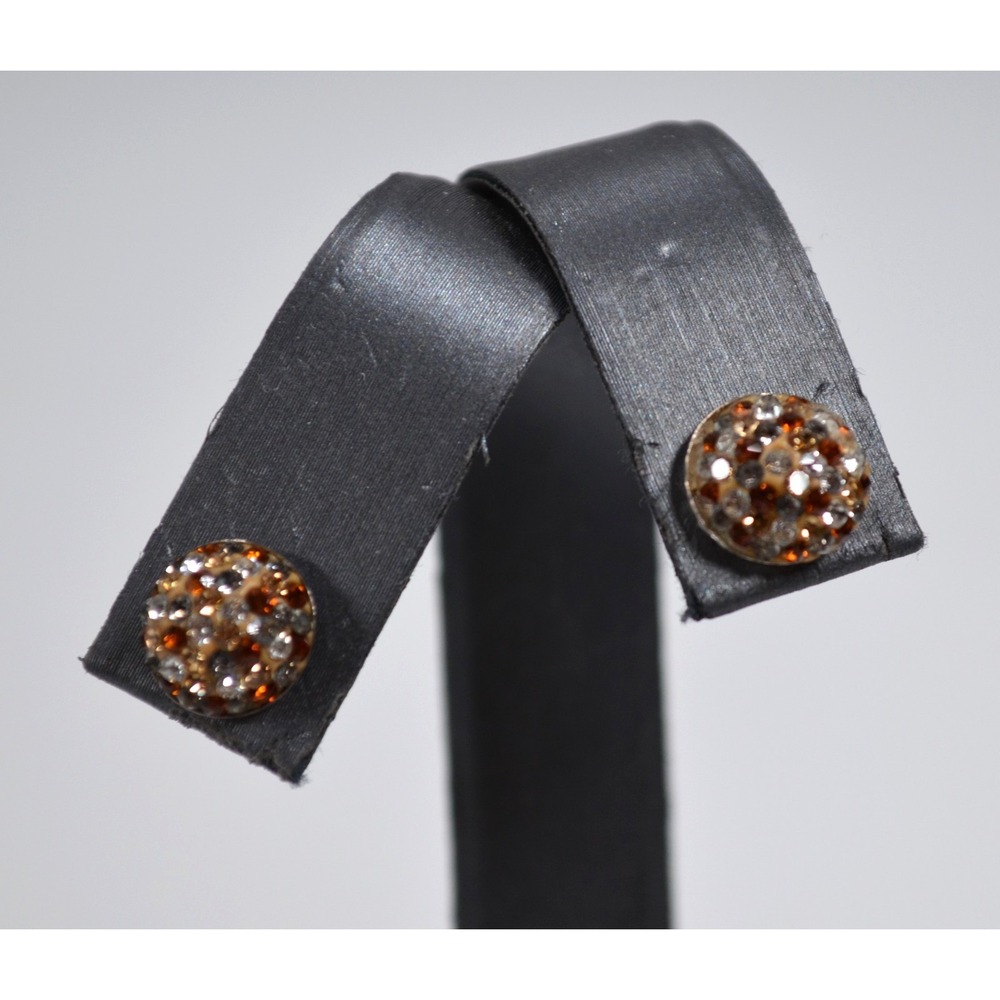 Silver Toned Pierced Stud Earrings Small Amber & Clear Rhinestones ATI BR CH